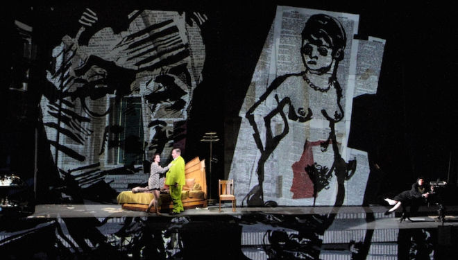 Brenda Rae in the title role and James Morris as Dr Schön in Lulu, designed and directed by William Kentridge. Photograph: Catherine Ashmore