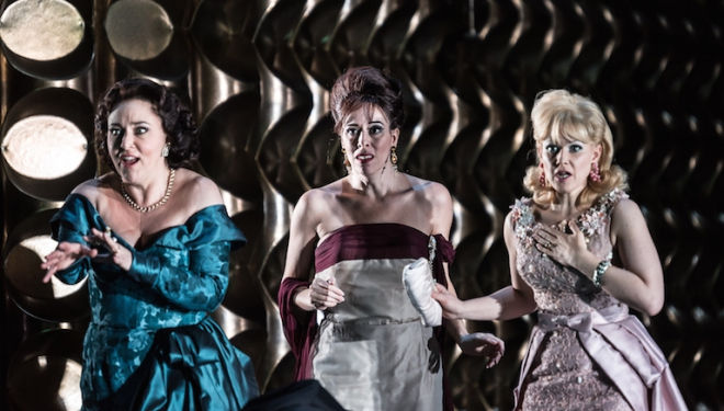 Christine Rice, Audrey Luna and Sally Matthews, modern-day witches in The Exterminating Angel. Photo: Clive Barda