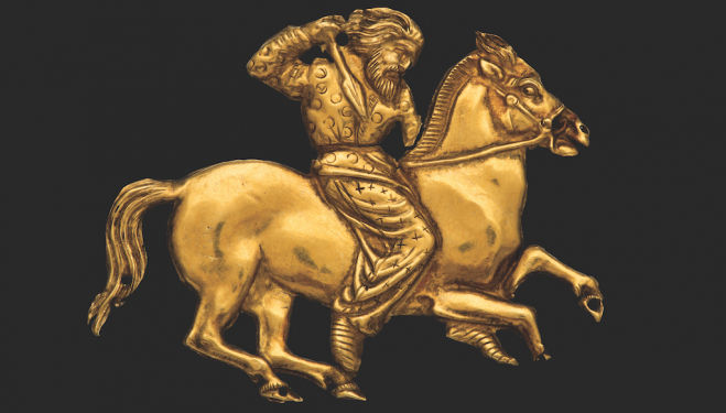 A gold plaque depicting a Scythian rider with a spear in his right hand; Gold; Second half of the fourth century BC; Kul’ Oba. © The State Hermitage Museum, St Petersburg, 2017