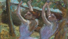 Edgar Degas (1834–1917), Female Dancers in Violet Skirts, their Arms Raised, c.1896–8, pastel with chalk, gouache and charcoal on tracing paper, 922 x 530 mm, © The Fitzwilliam Museum, Cambridge