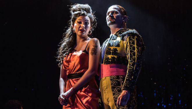 Aigul Akhmetshina as Carmen and Gyula Nagy as Escamillo in the Royal Opera's Carmen at Wilton's. Photo: Clive Barda