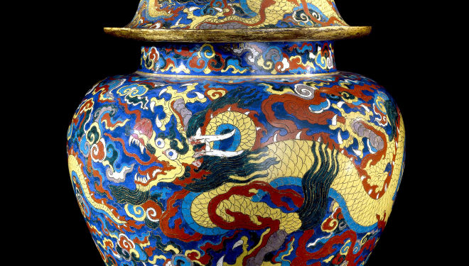 Cloisonné enamel jar and cover with dragons. Metal with cloisonné enamels,  Xuande mark and period (1426-1435), Beijing. © The Trustees of the British Museum 
