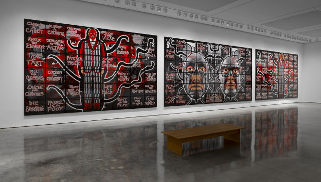 Gilbert & George SCAPEGOATING PICTURES FOR LONDON, White Cube Bermondsey 18 July - 28 September 2014 © Gilbert & George Photo: Jack Hems Courtesy White Cube