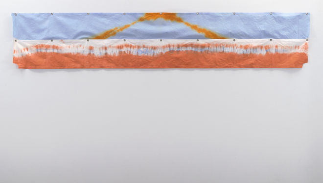 Richard Tuttle  Walking on Air, C10, (2009) Cotton with Rit dyes, grommets, thread  2x panels, overall installed: 1ft 11 inches x 10ft 3 inches/58.4 x 312.4 cm, courtesy Stuart Shave/Modern Art, London  and Pace Gallery, New York