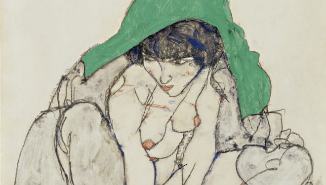 	 Egon Schiele (1890-1918) Crouching Woman with Green Kerchief, 1914 Pencil and gouache 47 x 31 cm The Leopold Museum, Vienna, courtesy Courtauld Gallery