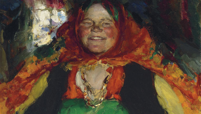 Christie's, 'Peasant woman in a green sarafan' by Arkhipov, courtesy of Russian Art Week, www.russianartweek.co.uk 