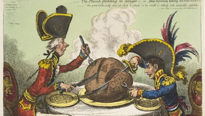 James Gillray (1765 - 1815), The plumb-pudding in danger: -or state epicures taking un petit souper. Hand-coloured etching, 1805