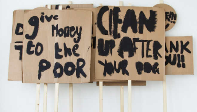 Placards, Notes on Protesting  (2014), Peter Liversidge with Marion Richardson School, London (Classes 3H and 3B), Black emulsion, cardboard & wood