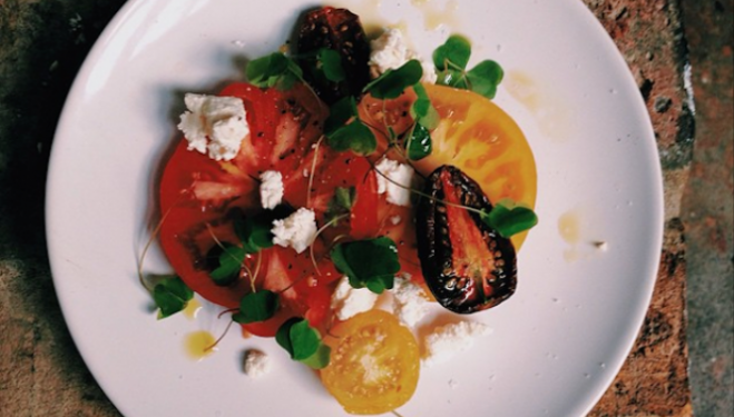 Heritage tomatoes from the Isle of Wight, wood sorrel, walnuts from Potash farm, foraged nettles and cow's curd