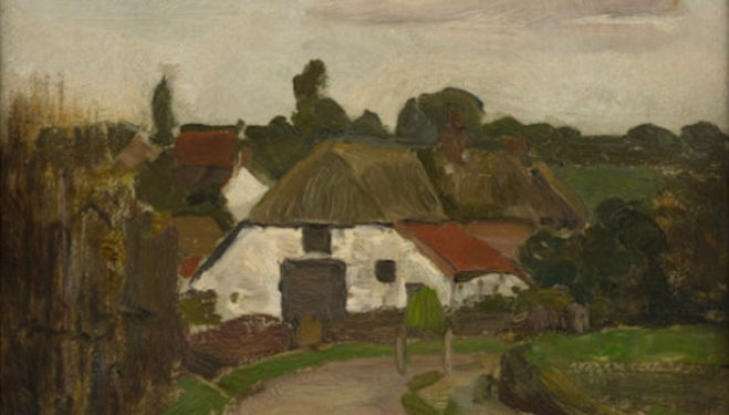 Early Modrian, David Zwirner: Above: Roadway and Farm Building near Arnhem, ca.1902, Oil on panel.  14 x 10 1/2 inches (35.5 x 26.5 cm).  Private Collection, London