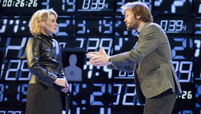 Lisa Dillon (Hapgood) and Alec Newman (Kerner) in Hapgood at Hampstead Theatre; photo by Alastair Muir