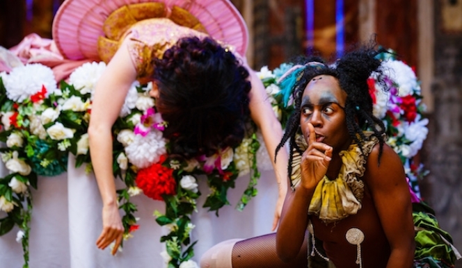 Meow Meow as Titania and Nandi Bebhe as First Fairy in Emma Rice’s A Midsummer Night’s Dream; photo by Steve Tanner