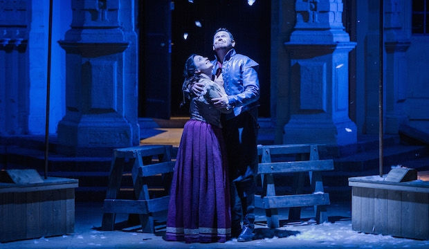 Mimi (Anna Patalong) and Rodolfo (Shaun Dixon) shine in La Boheme at Opera Holland Park