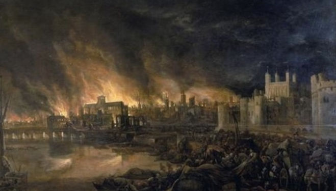Painting showing the great fire of London, 4 September 1666