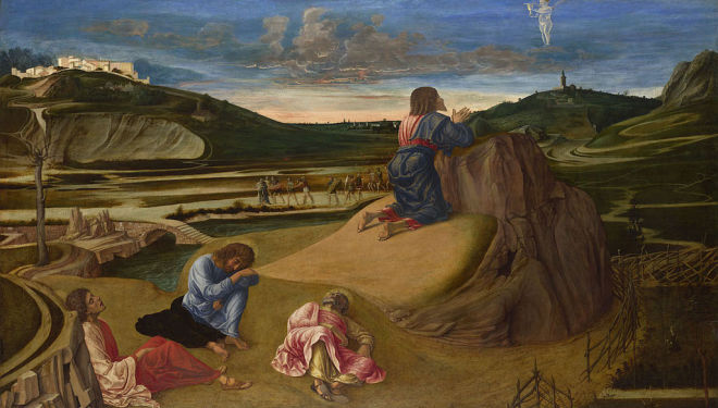NG726  Giovanni Bellini  The Agony in the Garden  about 1465  Egg on wood  81.3 x 127 cm  © The National Gallery, London