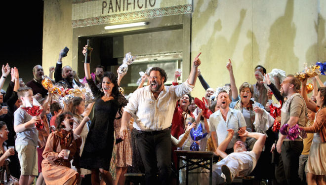 The town is in party mood in Cavalleria Rusticana at the Royal Opera House. Photo: Catherine Ashmore