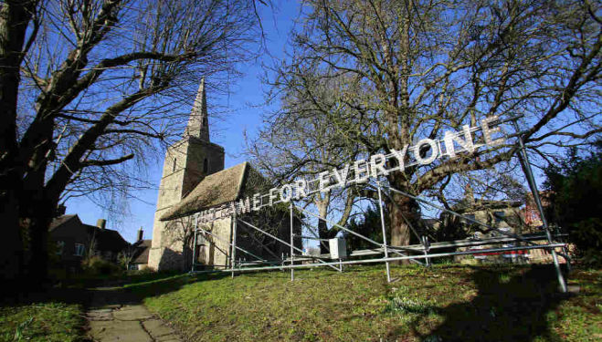 Nathan Coley, The Same for Everyone, 2017, St Peter's Churchyard, Cambridge