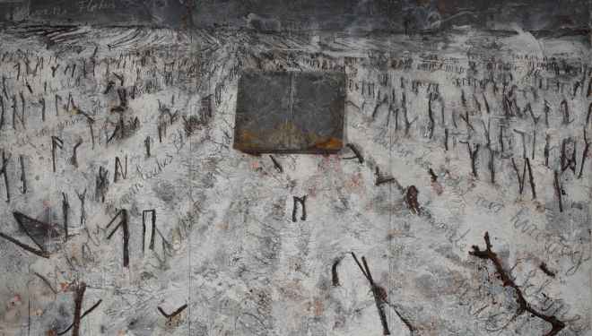 Anselm Kiefer  Black Flakes (Schwarze Flocken), 2006  Oil, emulsion, acrylic, charcoal, lead books, branches and plaster on canvas,  330 x 570 cm  Private collection, c/o Museum Kueppersmuehle fuer Moderne Kunst  Photo Privatbesitz Famille Grothe / copyri