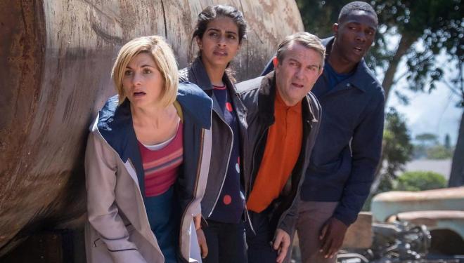 Jodie Whittaker, Mandip Gill, Bradley Walsh, and Tosin Cole in Doctor Who