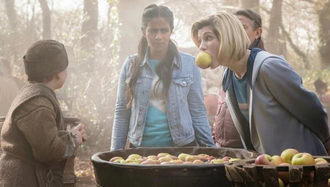Mandip Gill, Bradley Walsh, and Jodie Whittaker in Doctor Who