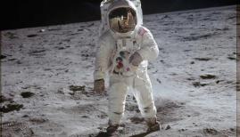 Astronaut Edwin Aldrin walks on the lunar surface of the moon. Credit: NASA