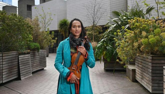 Hear music performed by Mandhira De Saram at Barbican Sculpture Court. Photo: Mark Allan