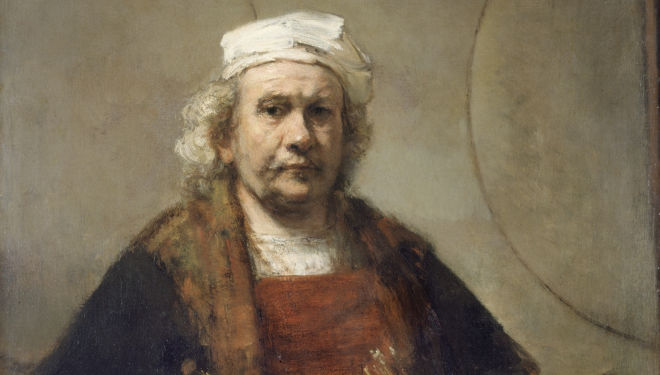 Self Portrait with Two Circles, Rembrandt, about 1665-9, courtesy National Gallery London