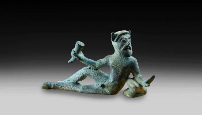 Bronze reclining satyr from the rim of a vessel, 500–400 BC, Possibly from Chiusi, Tuscany, 4.5 x 6.8 cm, Ashmolean Museum, University of Oxford