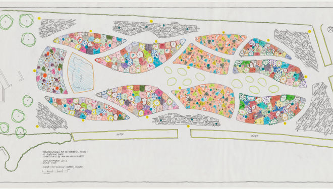 Planting Design for the Perennial Garden at Durslade Farm September, 2012 Coloured pen, pencil and pen on tracing paper 74 x 163.5 cm / 29 1/8 x 64 3/8 in (c) Piet Oudolf Courtesy Piet Oudolf and Hauser & Wirth Photo: Alex Delfanne