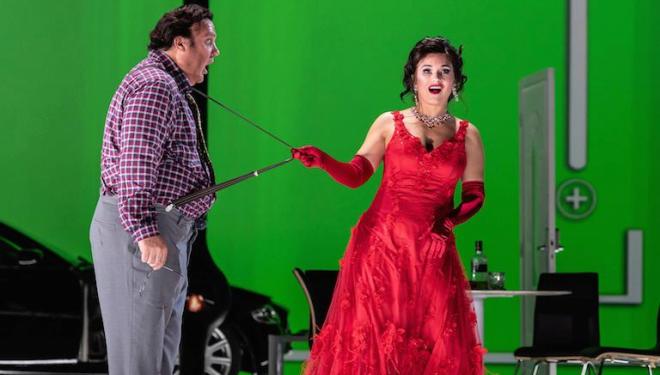 Bryn Terfel in the title role of Don Pasquale, is tormented by Olga Peretyatko's Norina. Photo: Clive Barda