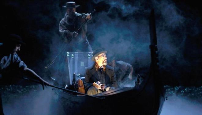 Aschenbach (Mark Padmore) is taken to the Venice Lido by a sinister gondolier (Gerald Finley) in Death in Venice at the Royal Opera House. Photo: Catherine Ashmore