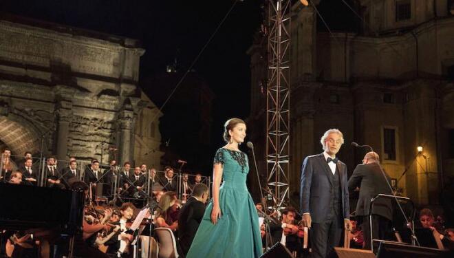 Carly Paoli and Andrea Bocelli perform at the Roman Forum
