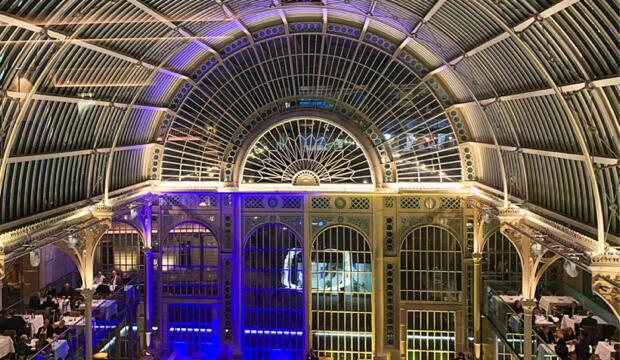 Royal Opera House Floral Hall lit in the colours of the Ukrainian flag.  Photo: Grace Filmer
