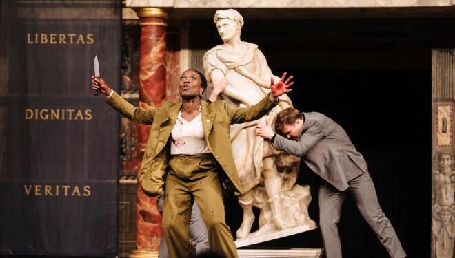 Julius Caesar at Shakespeare's Globe. Photo: Cash Holland as Cinna. Credit: Helen Murray