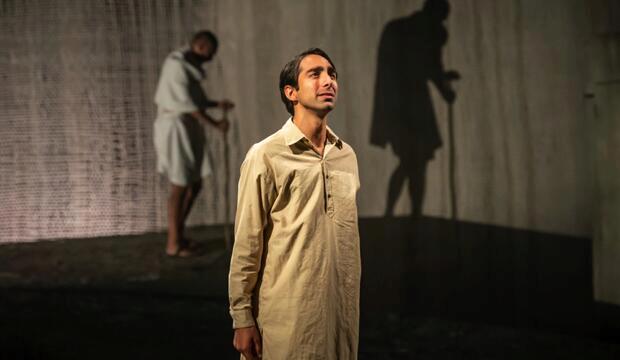 Paul Bazely (Mohandas Gandhi) and Shubham Saraf (Nathuram Godse) in The Father and the Assassin at the National Theatre. Photo: Marc Brenner 