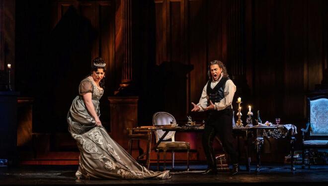 Tosca (Natalya Romaniw) is pursued by Scarpia (Erwin Schrott) in Puccini's opera at Covent Garden. Photo: Clive Barda