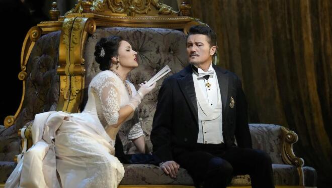 Sonya Yoncheva in the title role of Giordano's Fedora at the Met, with Piotr Bczała. Other operas follow. Photo: Ken Howard