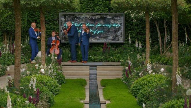 The Stringfever Quartet play in the 'Perennial Garden With Love' show garden, RHS Chelsea Flower Show 2022. Photo: RHS / Luke MacGregor
