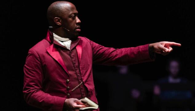 Giles Terera as Olaudah Equiano in The Meaning of Zong by Giles Terera at the Barbican Theatre 2023. A Bristol Old Vic production. Photo: Jemima Yong