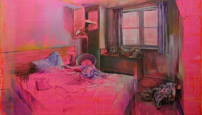 Laura Oldfield Ford, Travelodge, 2014, Acrylic and oil on canvas | 120 x 180 cm