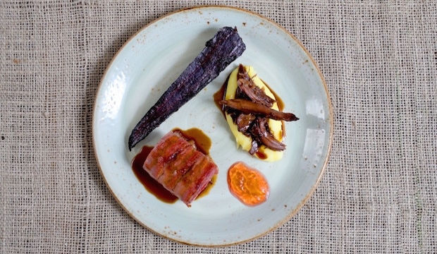 Wild Yorkshire loin of hare, offal and smoked bacon, braised leg, potato purée, carrot cooked in duck fat and plum jam