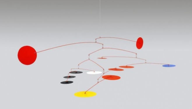 Blue and Yellow Among Reds, 1964. Painted sheet metal and wire. 78 3/4 x 157 1/2 inches (200 x 400 cm). © 2015 Calder Foundation, New York / DACS London