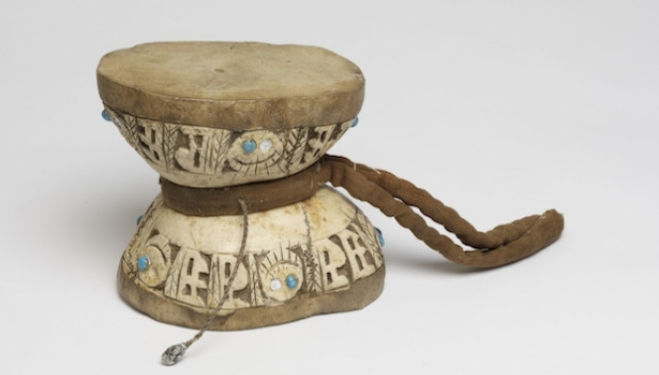 Carved Skull Drum, Human bone, glass, cotton ,Tibet, 19th century (c) Victoria and Albert Museum, London.jpg