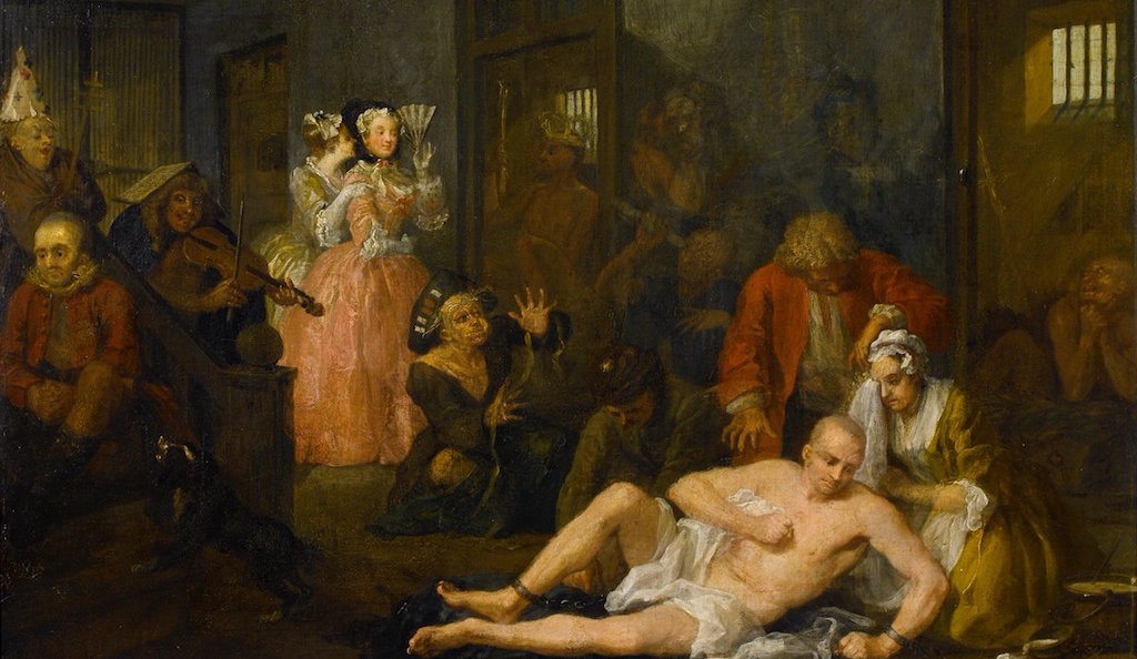 Bethlem as portrayed in a scene from William Hogarth's A Rake's Progress (1735) madhouse exhibition wellcome bedlam asylum