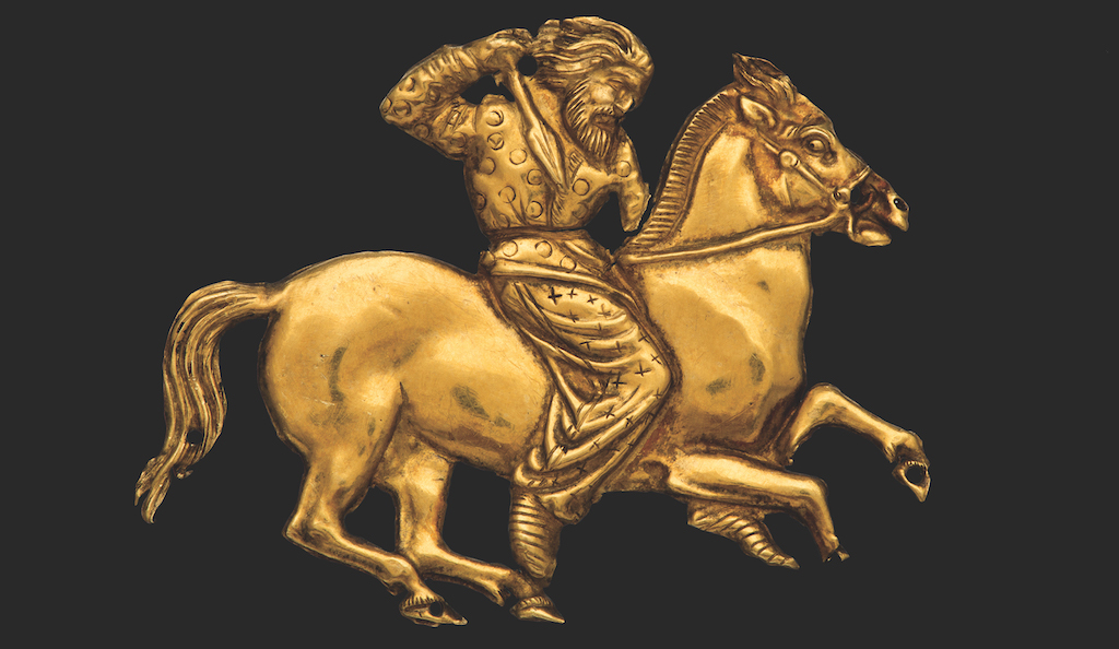 A gold plaque depicting a Scythian rider with a spear in his right hand; Gold; Second half of the fourth century BC; Kul’ Oba. © The State Hermitage Museum, St Petersburg, 2017