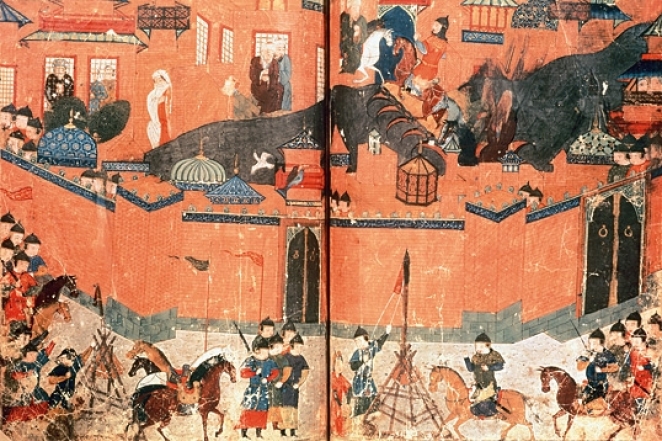 Mongols, led by Hulagu, capturing Baghdad in 1258