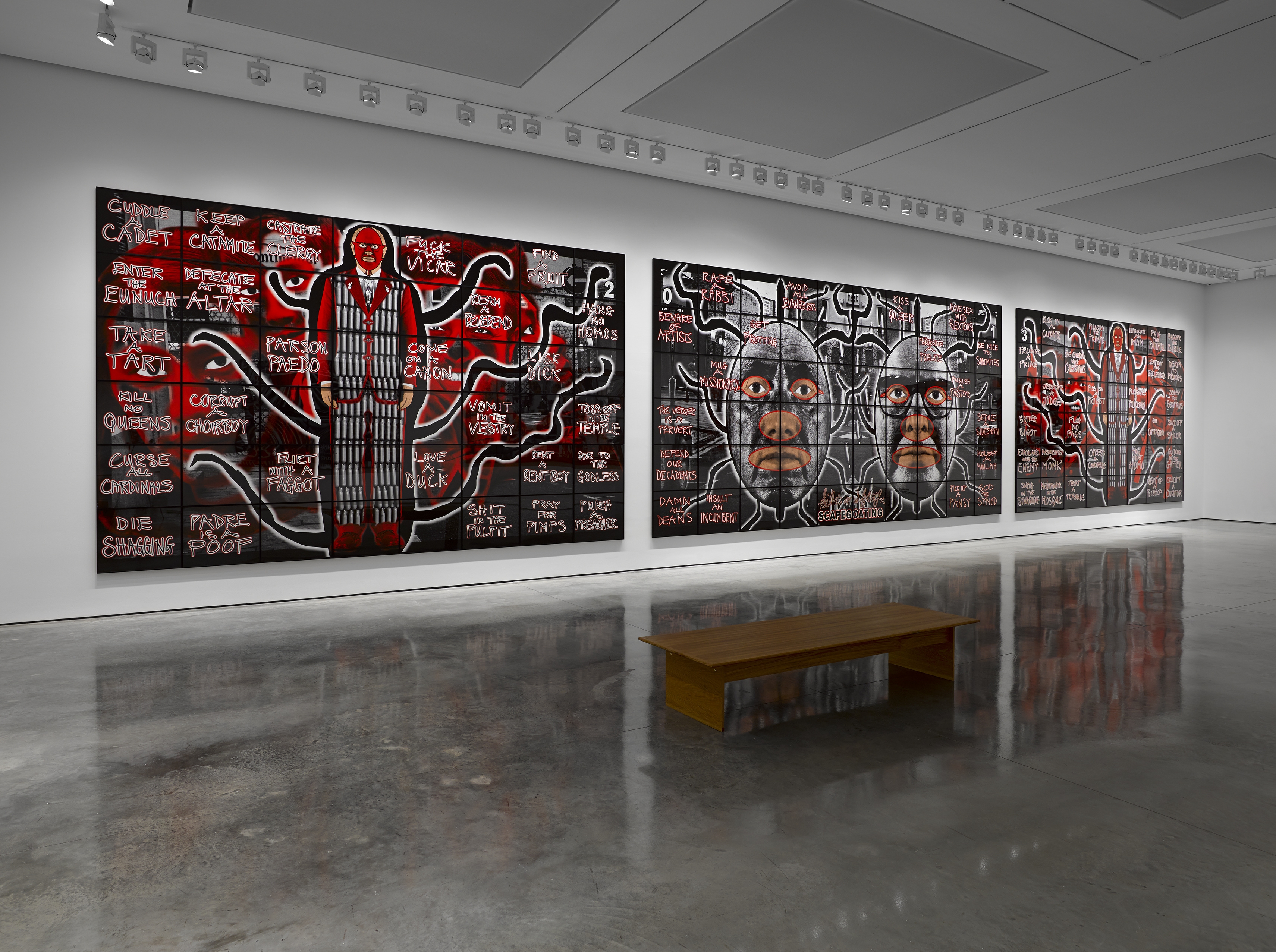 Gilbert & George SCAPEGOATING PICTURES FOR LONDON, White Cube Bermondsey 18 July - 28 September 2014 © Gilbert & George Photo: Jack Hems Courtesy White Cube