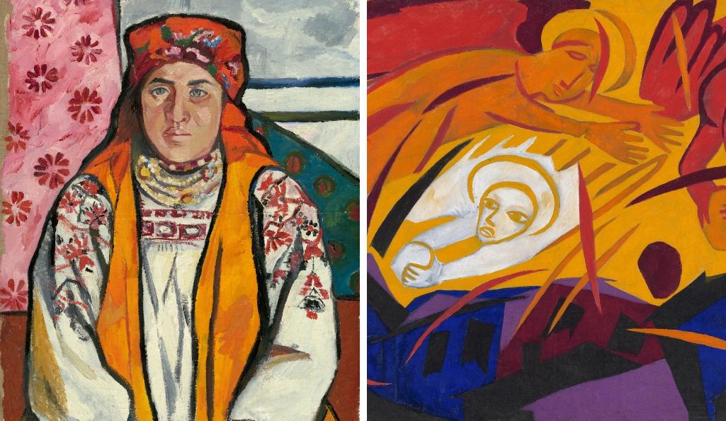 Natalia Goncharova. Left: Peasant Woman from Tula Province 1910. © ADAGP, Paris and DACS, London 2019. Right: Harvest: Angels Throwing Stones on the City © ADAGP, Paris and DACS, London 2019 
