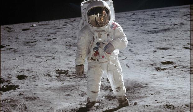 Astronaut Edwin Aldrin walks on the lunar surface of the moon. Credit: NASA