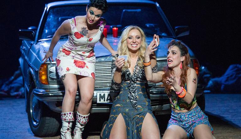 Mezzo-soprano Justina Gringytė (centre) sings the title role in Carmen for ENO. Photo: Alastair Muir